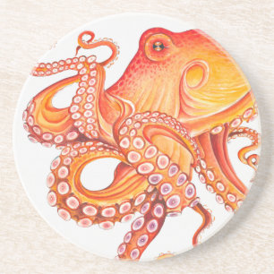 Red Orange octopus Watercolor Art Coaster