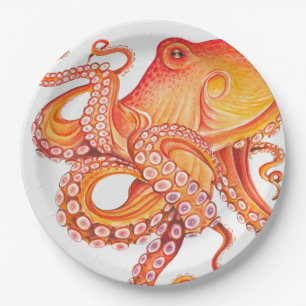 Red Orange octopus Watercolor Art Paper Plate