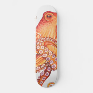 Red Orange octopus Watercolor Art Skateboard