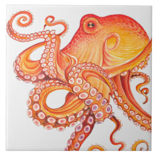 Red Orange octopus Watercolor Art Tile