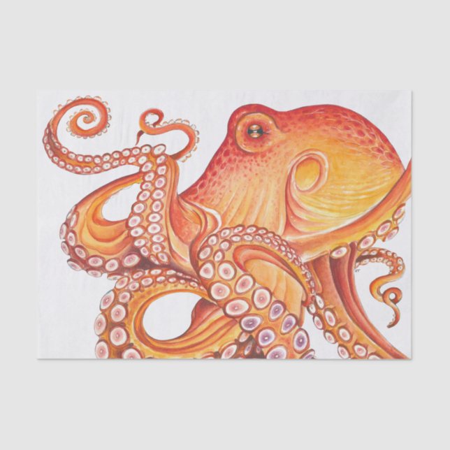 Red Orange octopus Watercolor Art Tissue Paper (Front)