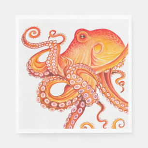 Red Orange Octopus Watercolor Napkin