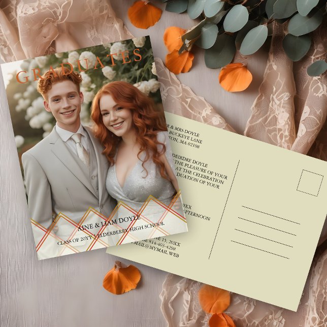 Red Orange Overlay Transparency Shapes Photo Grads Postcard (Red Orange Shades Overlay Transparency Shapes Photo Two Graduates Postcard Invitation.)