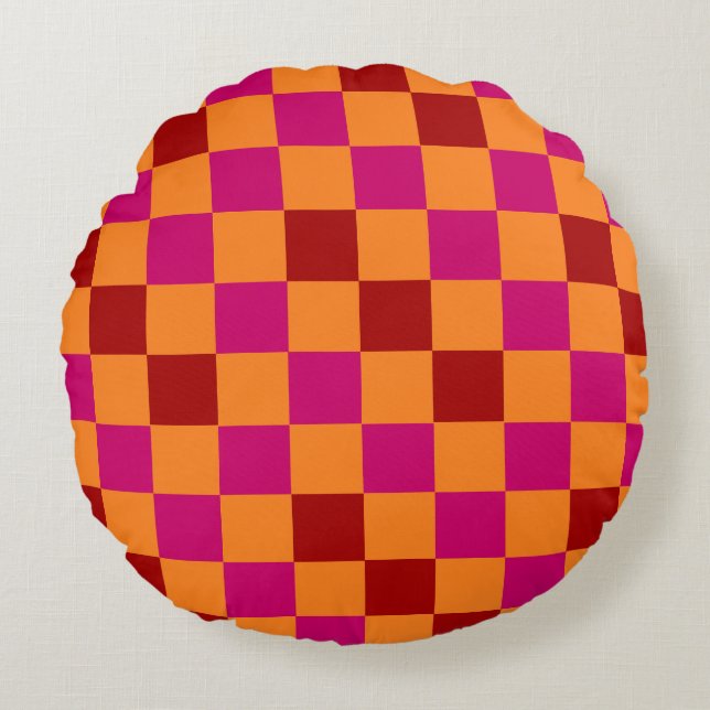 Red Orange Pink Checkered Pattern Design  Round Cushion (Front)