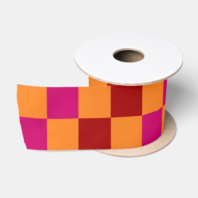 Red Orange Pink Checkered Pattern Design  Satin Ribbon (Spool)