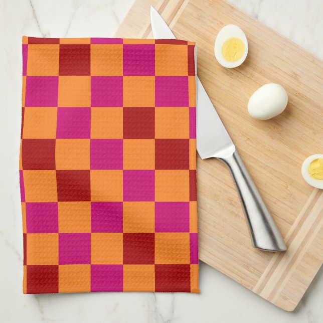 Red Orange Pink Chequered Pattern Design  Tea Towel (Quarter Fold)