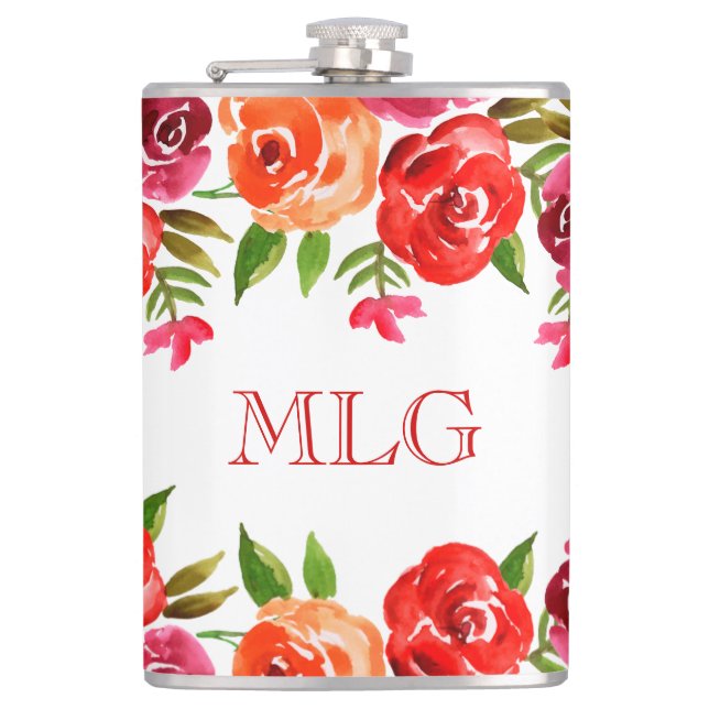 Red Orange Pink Flowers & Leaves Chic Girly Hip Flask (Front)