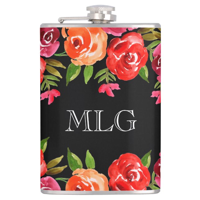Red Orange Pink Flowers & Leaves on Black Girly Hip Flask (Front)