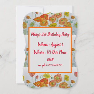 Red Orange Poppies Floral 21st Birthday Invitation