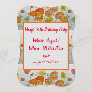 Red Orange Poppies Floral 50th Birthday Invitation