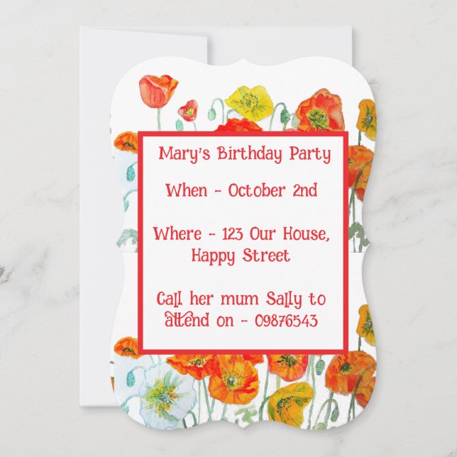 Red Orange Poppies Floral Girl Birthday Invitation (Front)