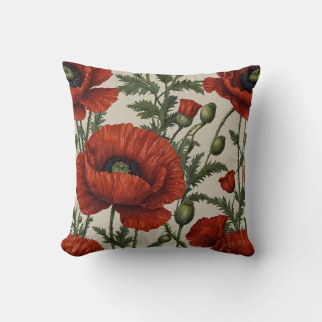Red Orange Poppy Flower Cushion (Front)
