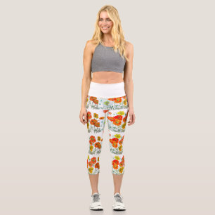 Red Orange Poppy Flower Watercolor Poppies Capri Leggings
