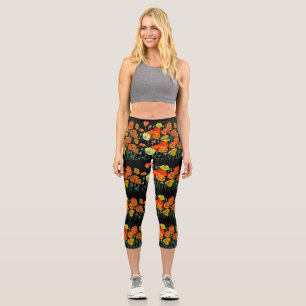 Red Orange Poppy Flower Watercolor Poppies Capri Leggings