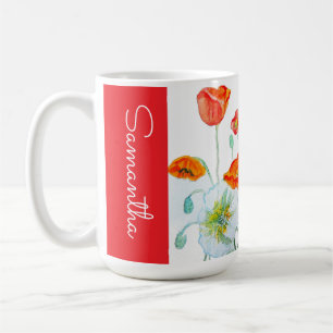 Red Orange Poppy Flower Watercolor Womans Name Coffee Mug