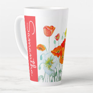 Red Orange Poppy Flower Watercolor Womans Name Latte Mug