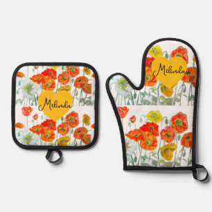 Red Orange Poppy Flower Watercolor Womans Name Oven Mitt & Pot Holder Set