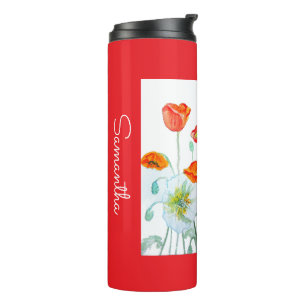 Red Orange Poppy Flower Watercolor Womans Name Thermal Tumbler