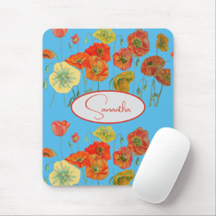 Red Orange Poppy Poppies floral Blue Girls Name Mouse Mat