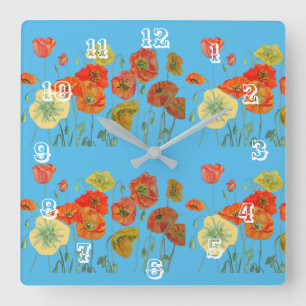 Red Orange Poppy Watercolor Pastel Blue Clock