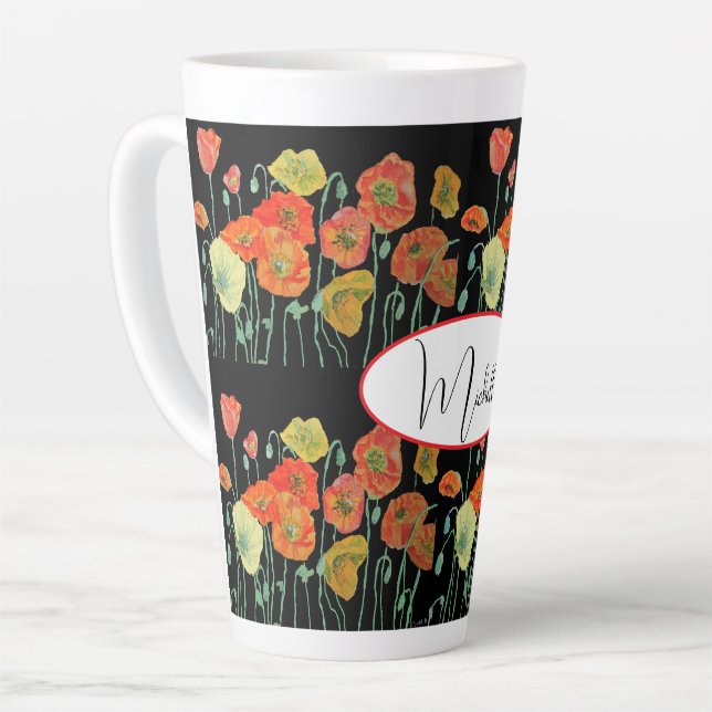Red Orange Poppy Watercolour Flower Pattern Art Latte Mug (Left Angle)