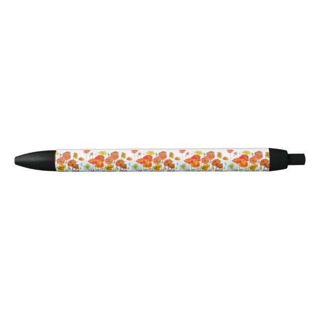 Red Orange Poppy Watercolour Flower Ribbon Black Ink Pen (Front)