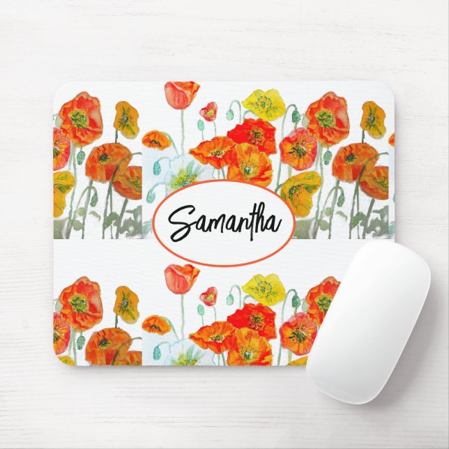 Red Orange Poppy Watercolour Flower Ribbon Mouse Mat (With Mouse)