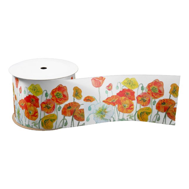 Red Orange Poppy Watercolour Flower Ribbon Satin Ribbon (Spool)