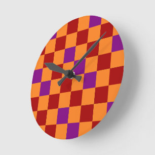 Red Orange Purple Chequered Pattern Design Round Clock