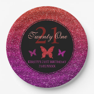 Red Orange & Purple Gradient Glitter Birthday Paper Plate