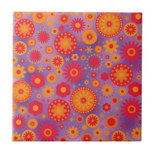 Red Orange & Purple Hippy Flower Pattern Tile