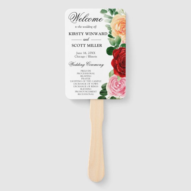 Red Orange Roses Summer Flowers Wedding Program Hand Fan (Front)