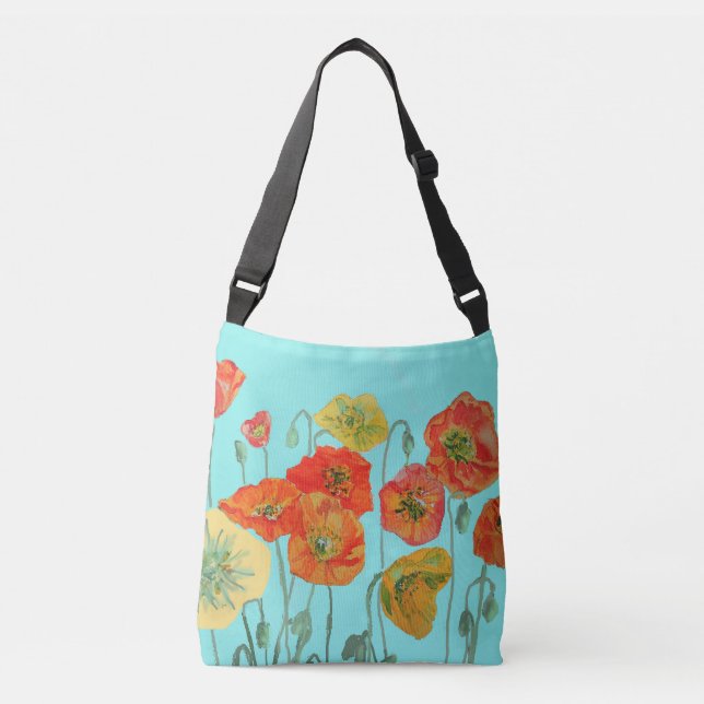 Red Orange Shabby Poppy Crossbody Bag Aqua Floral (Front)