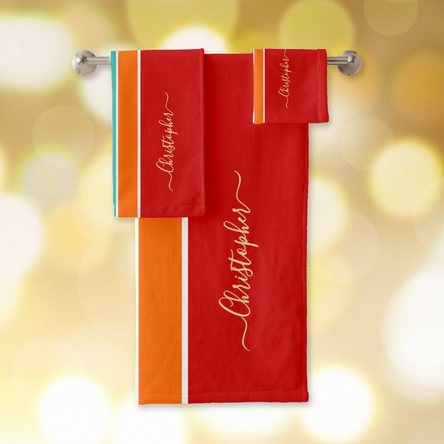 Red Orange Teal Racing Stripes Faux Gold Monogram Bath Towel Set (Red Orange Teal Racing Stripes Faux Gold Monogram Bath Towel Set)