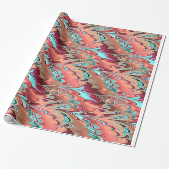 Red, Orange & Turquoise Marbled Pattern Wrapping Paper (Unrolled)