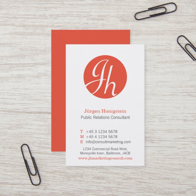Red orange white circle initial modern business card (Front/Back In Situ)