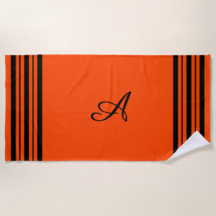 Red Orange with Black Stripes Bars and Monogram Beach Towel