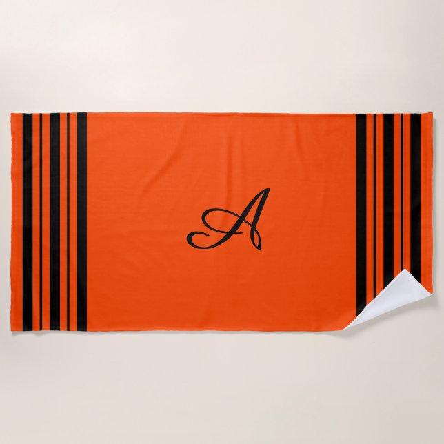 Red Orange with Black Stripes Bars and Monogram Beach Towel (Front)