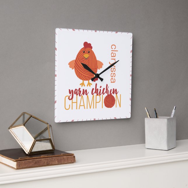Red & Orange Yarn Chicken Champion Square Wall Clock (Office)