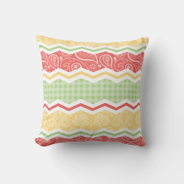 Red-Orange, Yellow, and Green Country Patterns Cushion (Front)