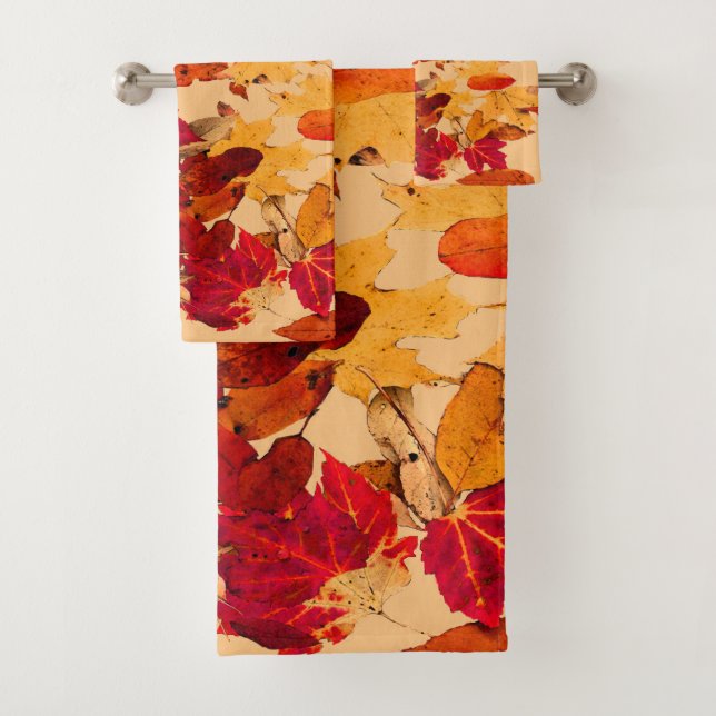 Red Orange Yellow Autumn Foliage Bath Towels (Insitu)