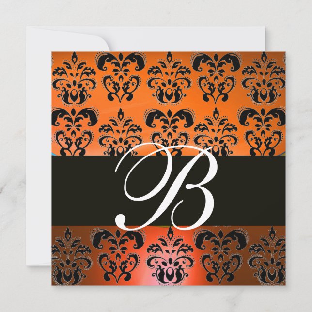 RED ORANGE YELLOW BLACK  DAMASK MONOGRAM , white Invitation (Front)