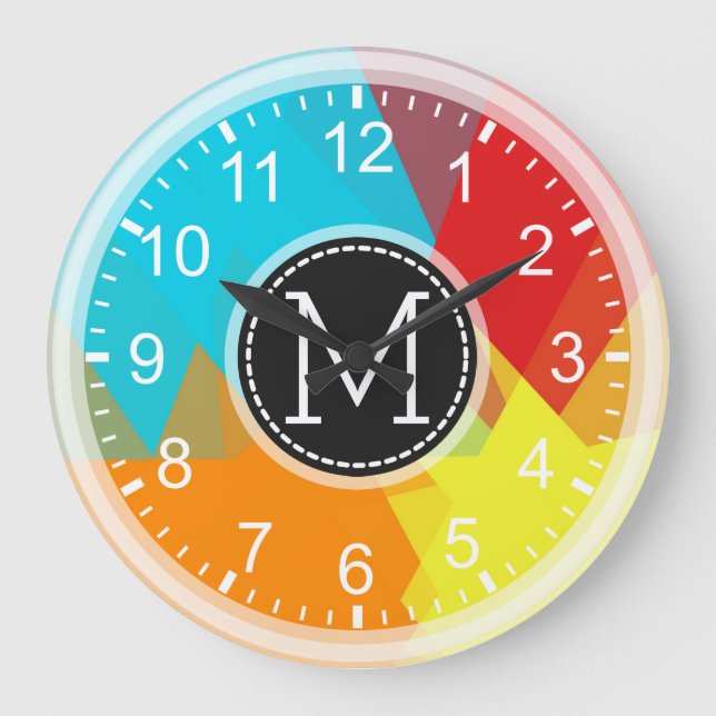 Red Orange Yellow Blue Mosaic Modern Monogram Large Clock (Front)
