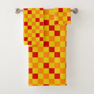 Red Orange Yellow Checkered Pattern Design Bath Towel Set