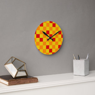 Red Orange Yellow Checkered Pattern Design Round Clock