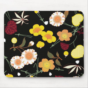Red Orange Yellow Fine Japanese Floral Kimono Mouse Mat