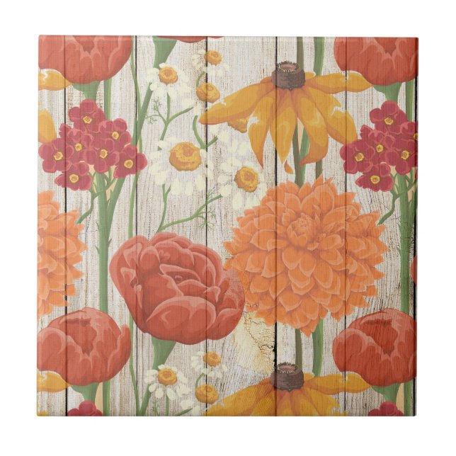 Red Orange Yellow Floral White Daisies Rustic Wood Tile (Front)