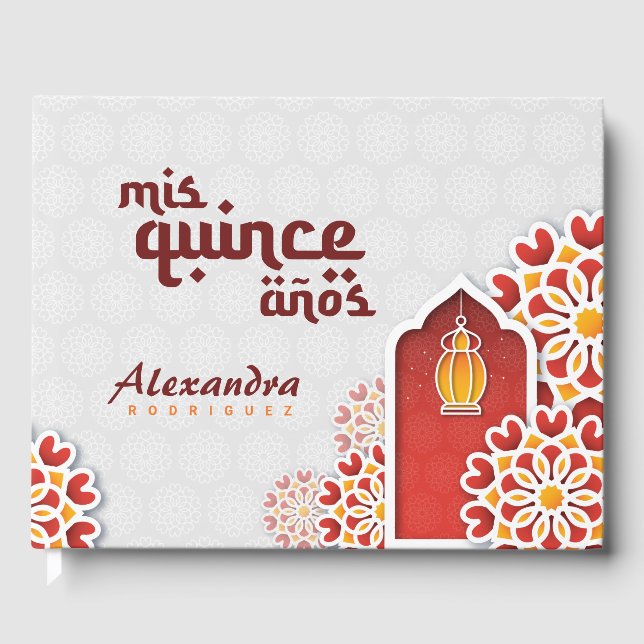 Red Orange Yellow Flower Arabian Night Quinceañera Guest Book (Front)