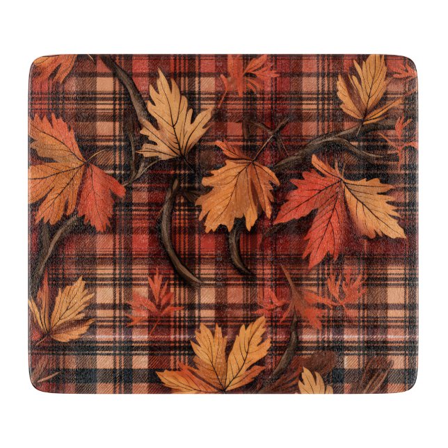 RED ORANGE YELLOW PLAID WITH FALL LEAVES CUTTING BOARD (Front)