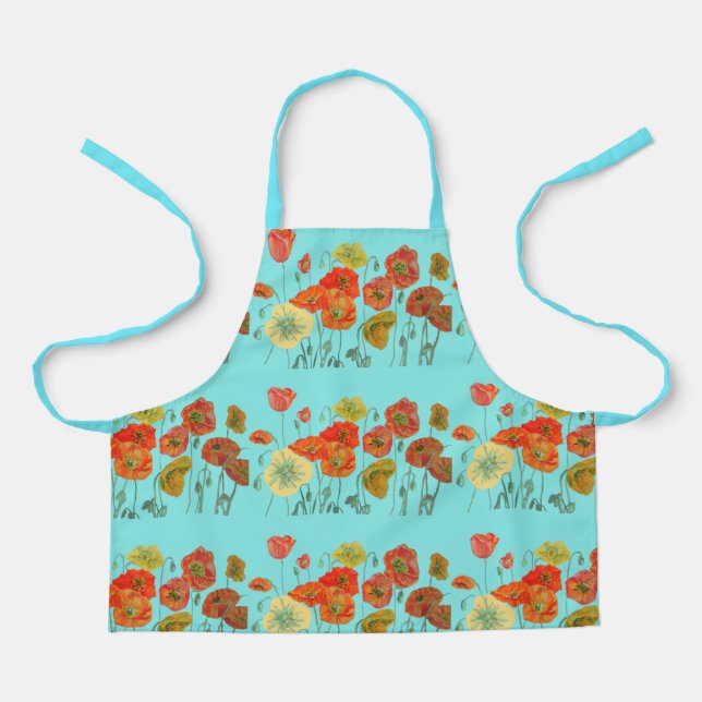 Red Orange Yellow Poppies Flower floral art Aqua A Apron (Front)